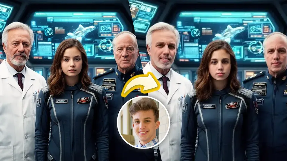 Batch face swap example with over 20 people in a group photo all showing the same swapped face for meme-style effect