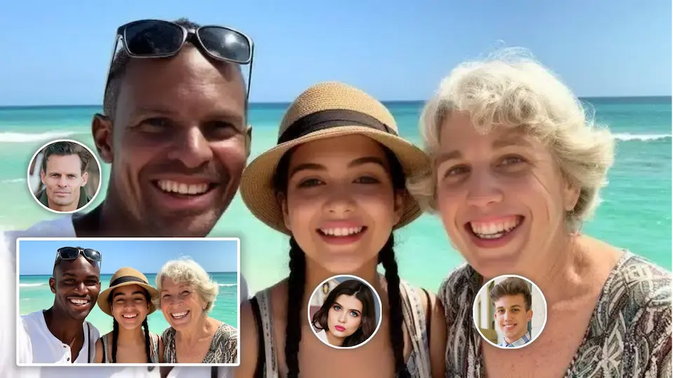 Multiple face swap in a team photo with natural blending of lighting, shadows, and colors for seamless integration