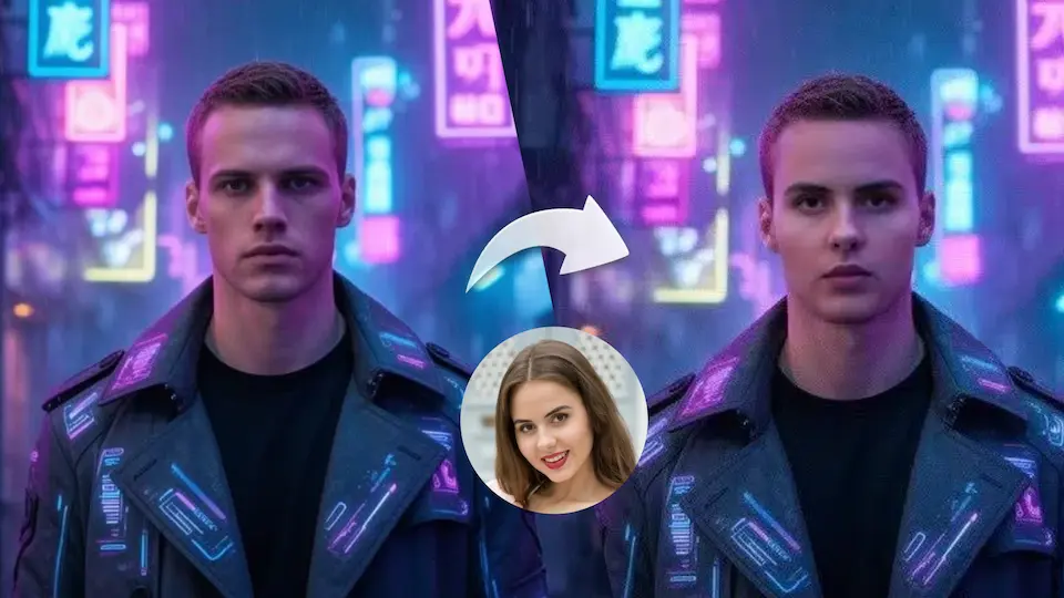 Side-by-side image showing lightning-fast photo face swap results with instant processing speed and professional accuracy